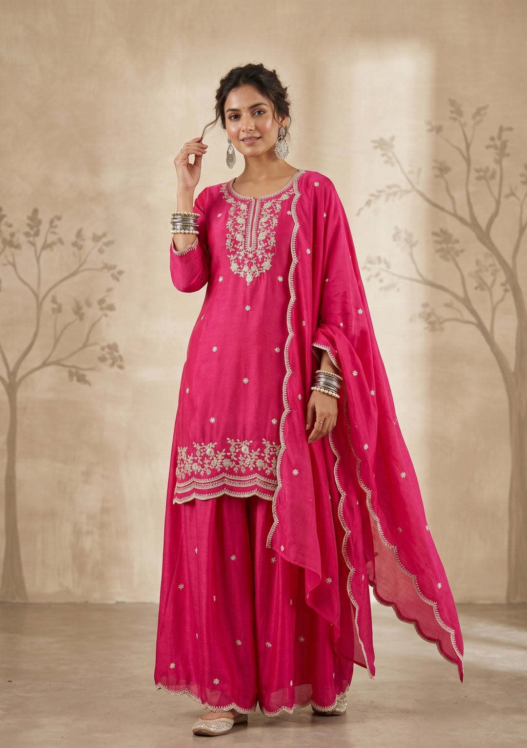 Rani Pink Zariwork (Gold) Chinon Readymade Salwar Suit