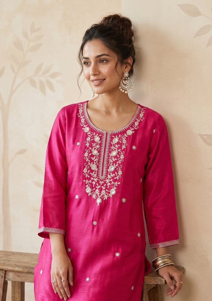 Rani Pink Zariwork (Gold) Chinon Readymade Salwar Suit