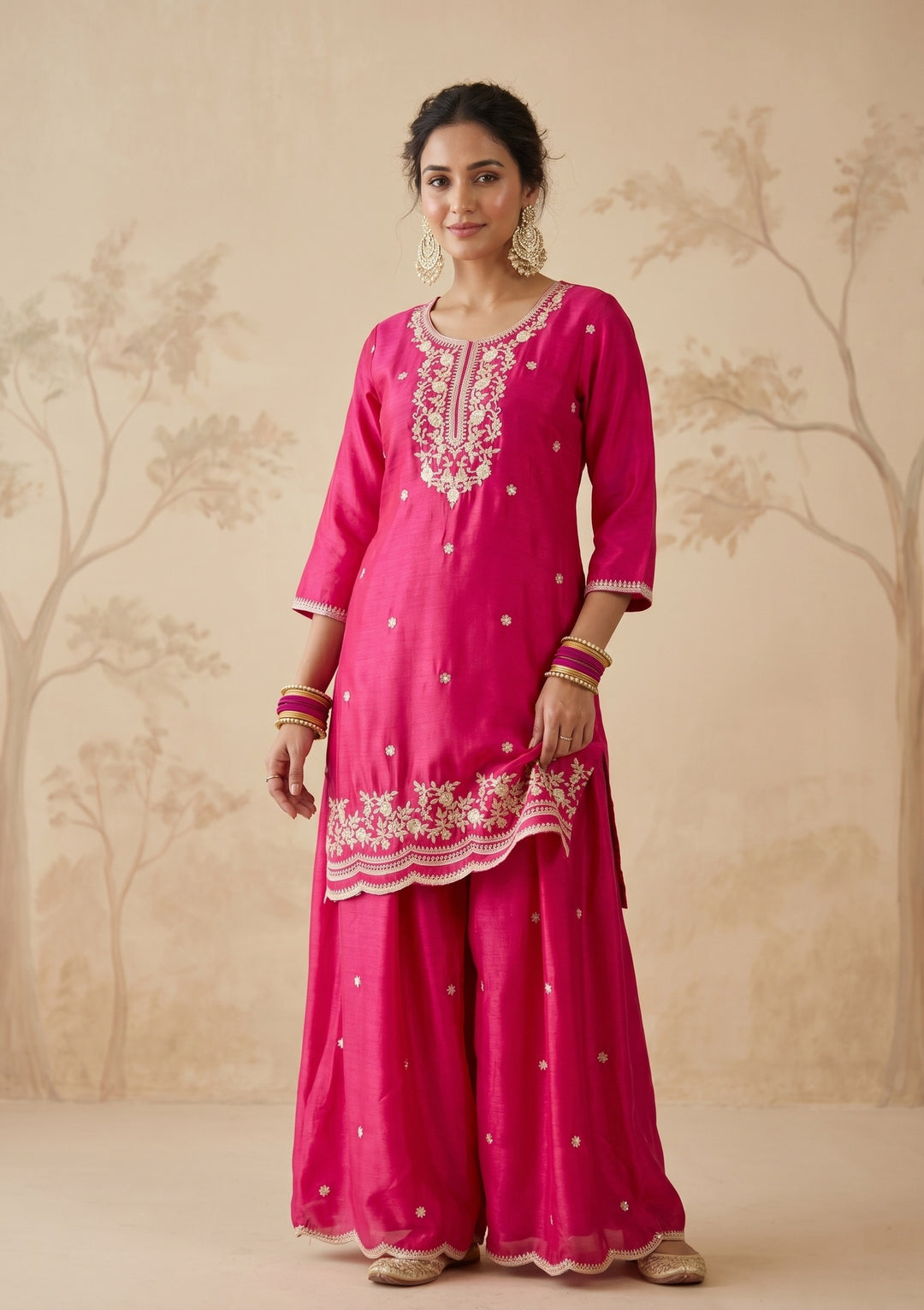 Rani Pink Zariwork (Gold) Chinon Readymade Salwar Suit
