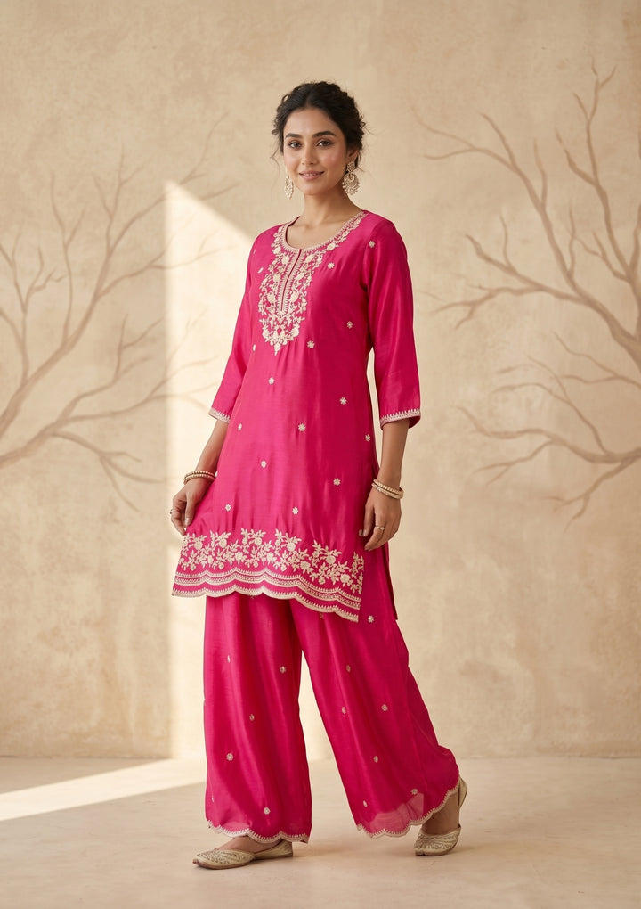 Rani Pink Zariwork (Gold) Chinon Readymade Salwar Suit