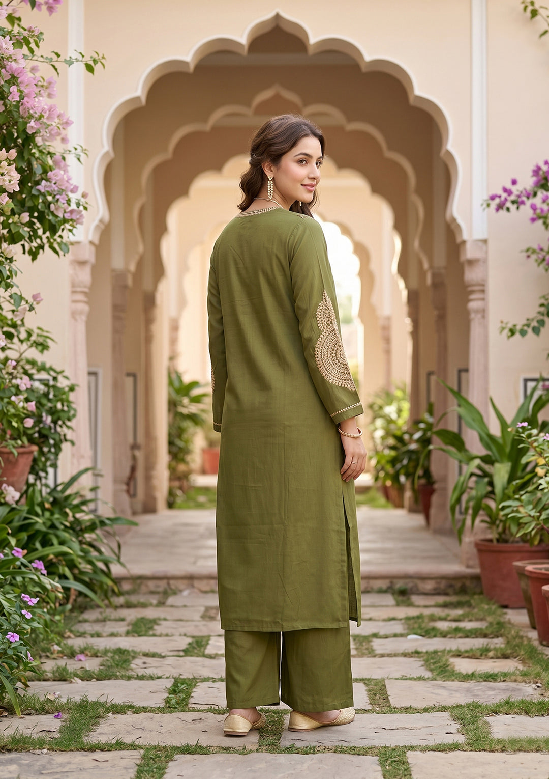 Mehendi Art Silk Cording Straight Kurta With Pant Regular And Dupatta