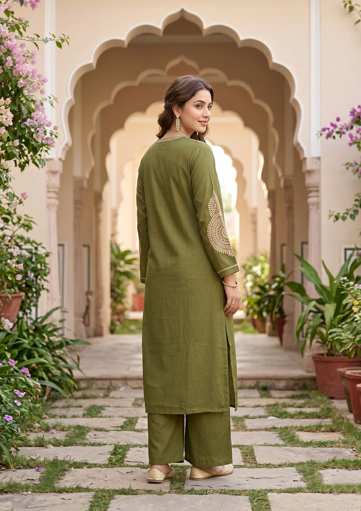 Mehendi Art Silk Cording Straight Kurta With Pant Regular And Dupatta