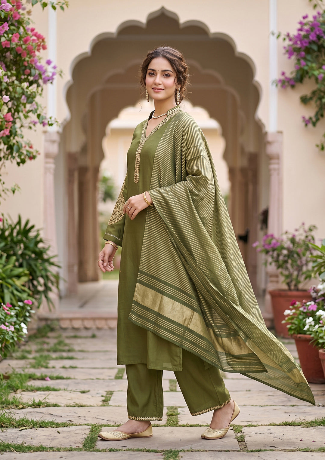 Mehendi Art Silk Cording Straight Kurta With Pant Regular And Dupatta
