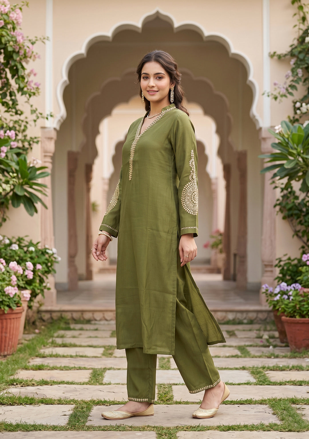 Mehendi Art Silk Cording Straight Kurta With Pant Regular And Dupatta