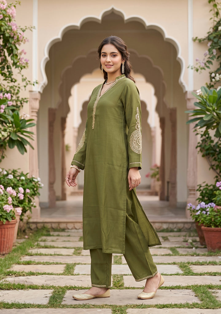 Mehendi Art Silk Cording Straight Kurta With Pant Regular And Dupatta