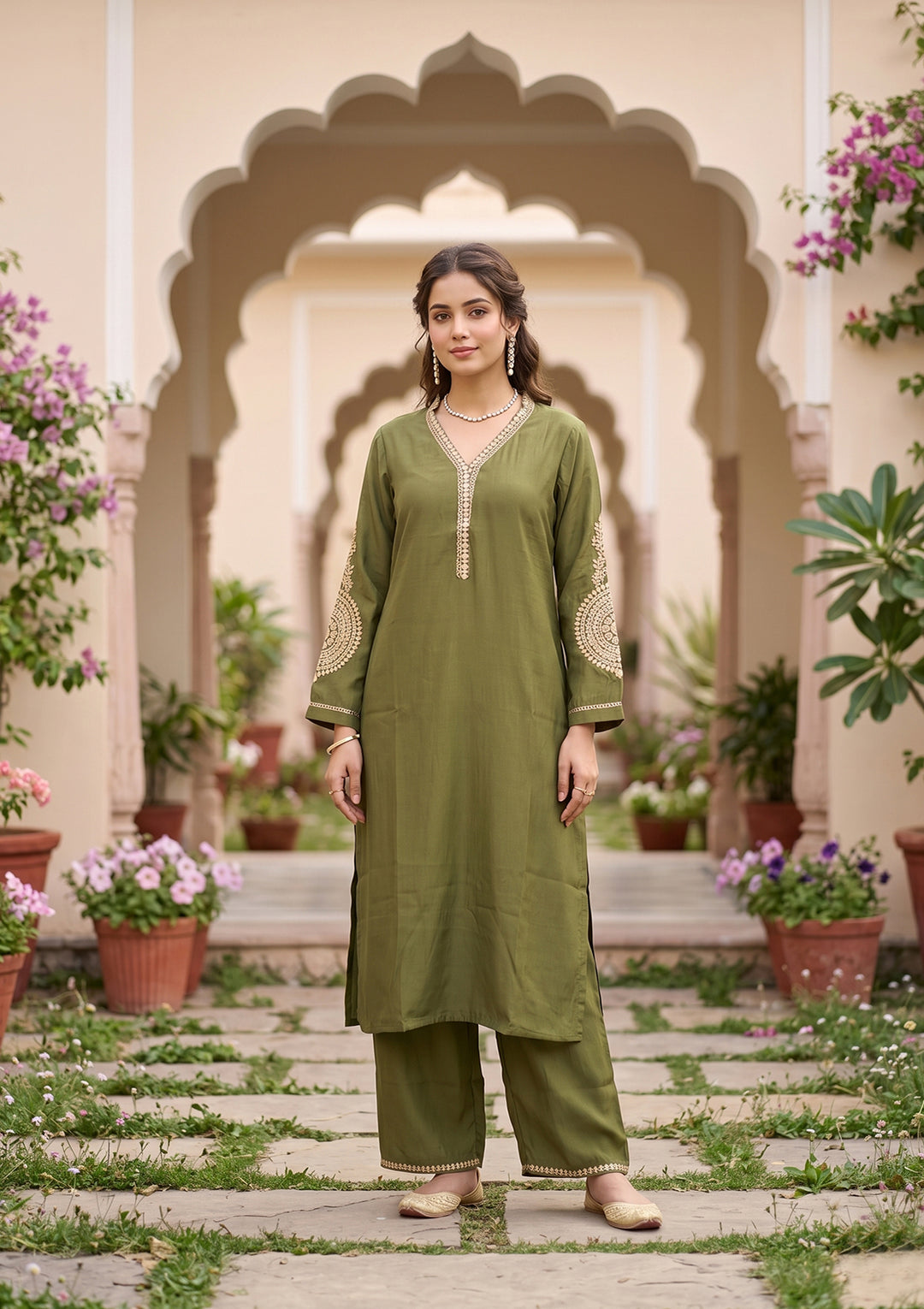 Mehendi Art Silk Cording Straight Kurta With Pant Regular And Dupatta