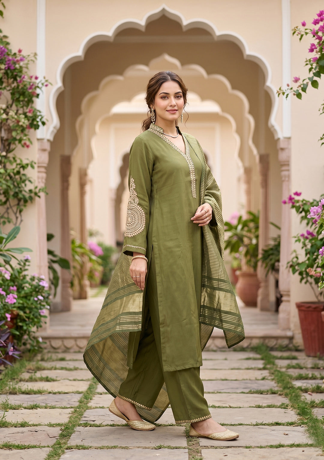 Mehendi Art Silk Cording Straight Kurta With Pant Regular And Dupatta