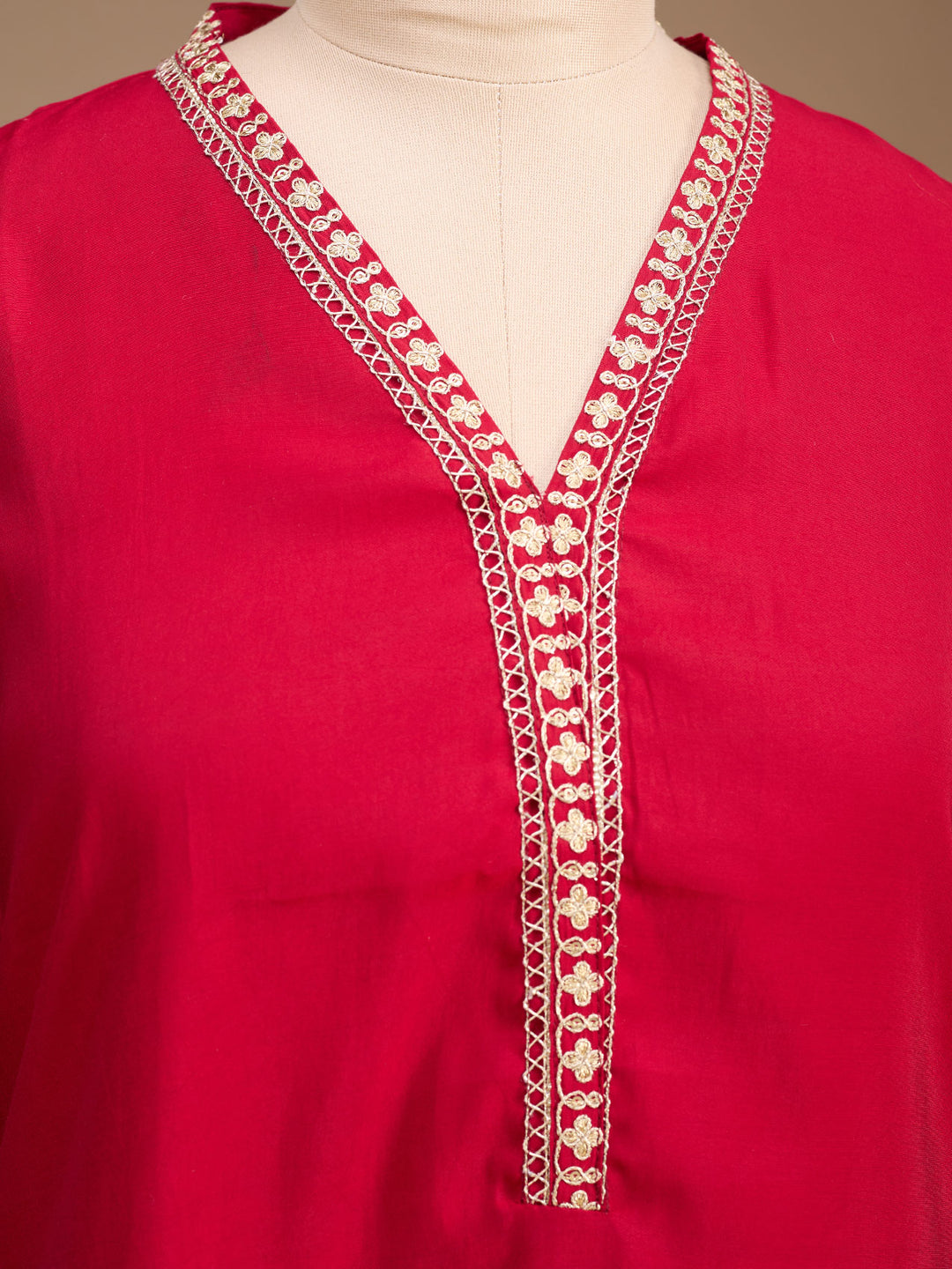 Red Art Silk Cording Straight Kurta With Pant Regular And Dupatta