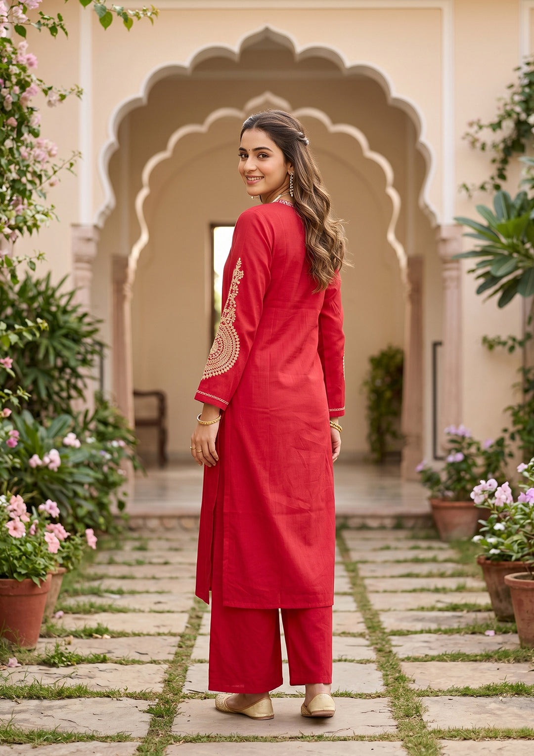 Red Art Silk Cording Straight Kurta With Pant Regular And Dupatta