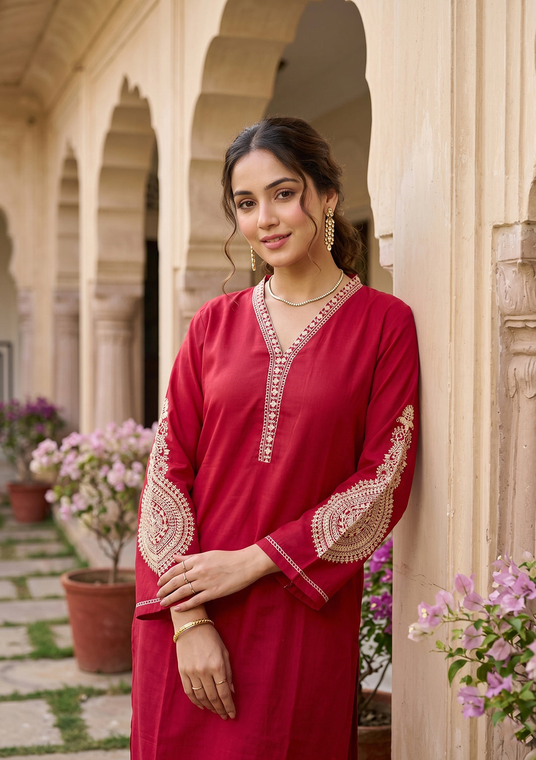 Red Art Silk Cording Straight Kurta With Pant Regular And Dupatta
