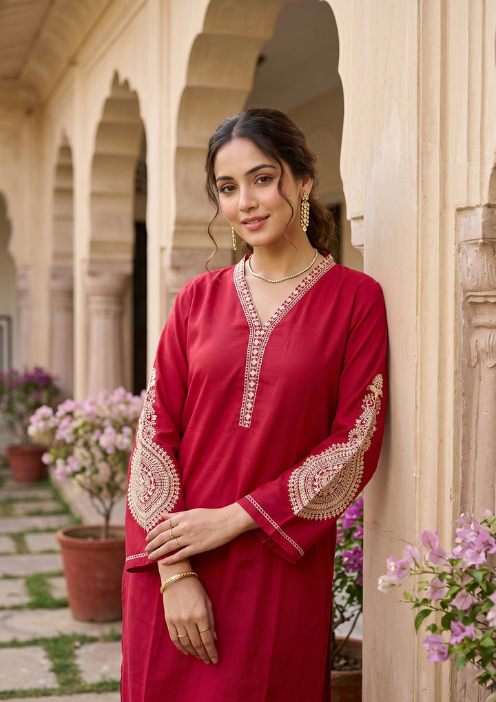 Red Art Silk Cording Straight Kurta With Pant Regular And Dupatta