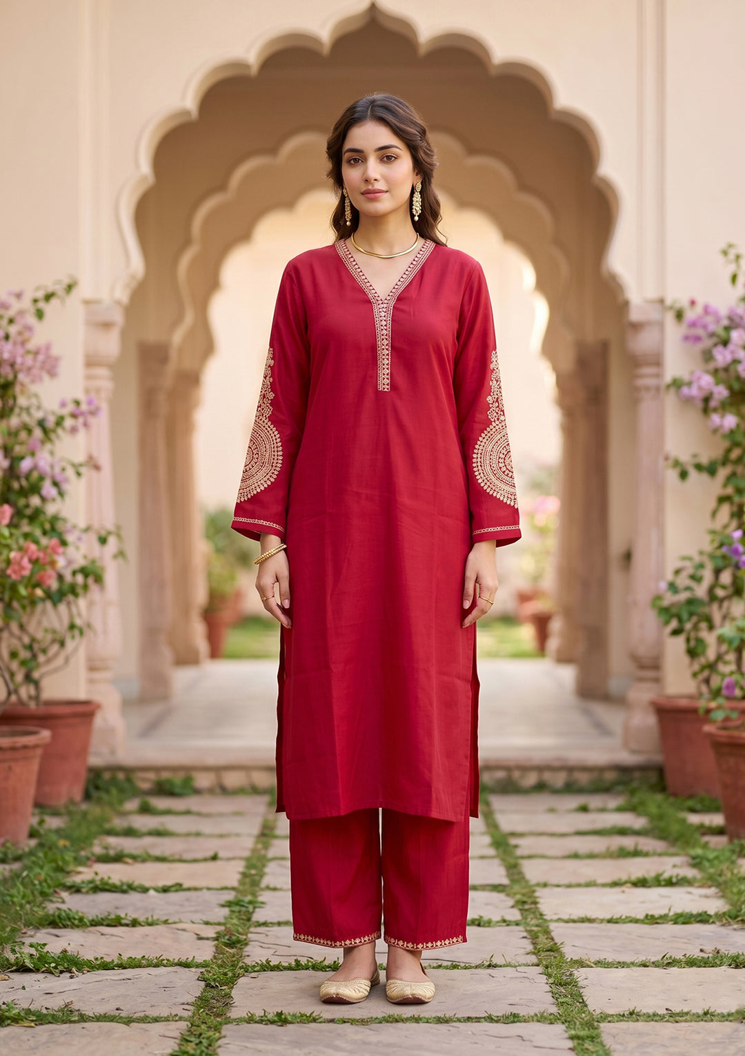 Red Art Silk Cording Straight Kurta With Pant Regular And Dupatta
