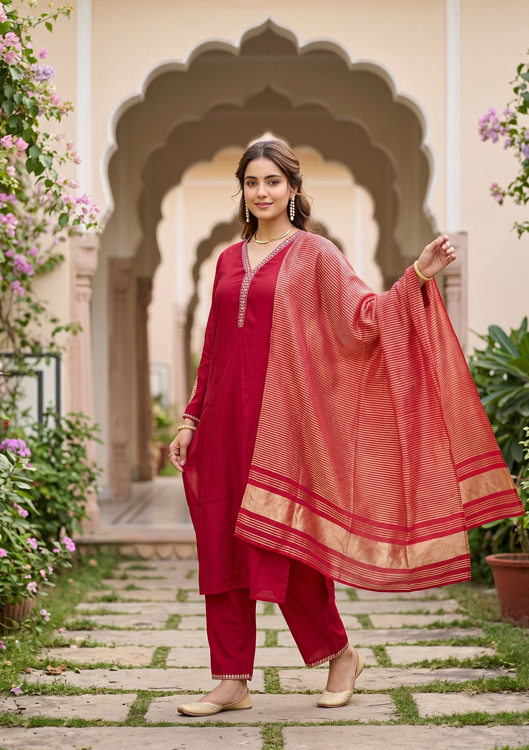 Red Art Silk Cording Straight Kurta With Pant Regular And Dupatta