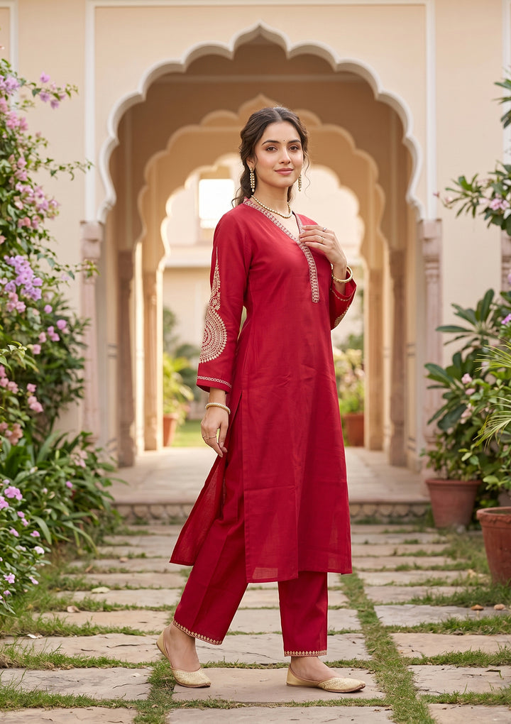 Red Art Silk Cording Straight Kurta With Pant Regular And Dupatta