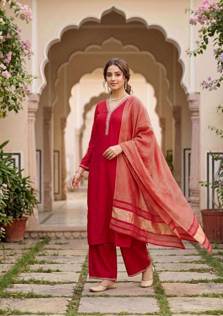 Red Art Silk Cording Straight Kurta With Pant Regular And Dupatta