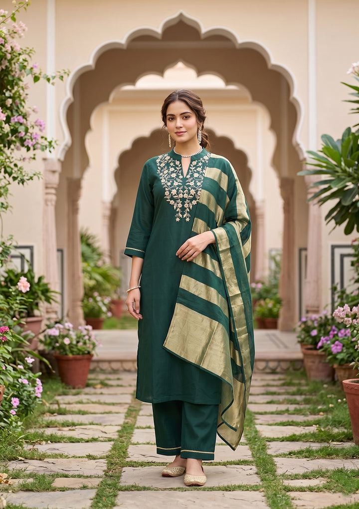 Bottle Green Art Silk Cording Straight Kurta With Regular Pant And Dupatta