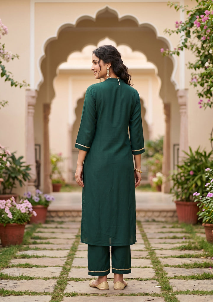 Bottle Green Art Silk Cording Straight Kurta With Regular Pant And Dupatta