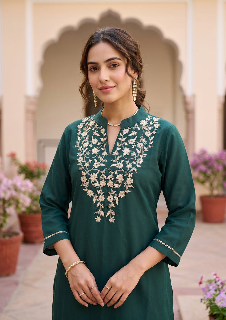 Bottle Green Art Silk Cording Straight Kurta With Regular Pant And Dupatta