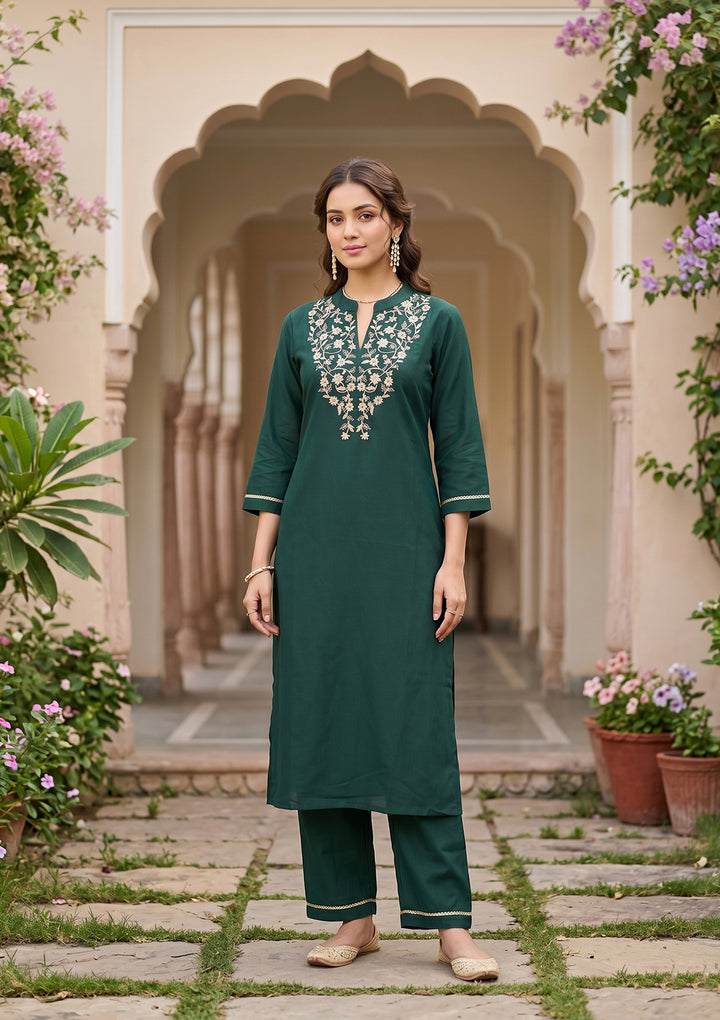 Bottle Green Art Silk Cording Straight Kurta With Regular Pant And Dupatta