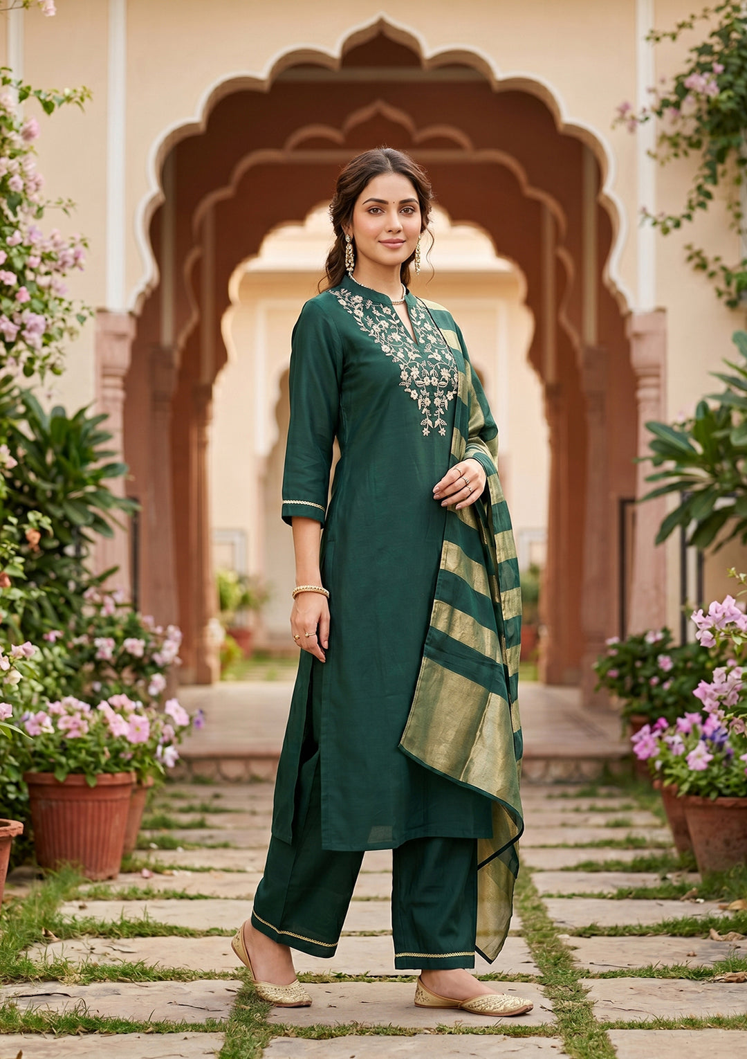 Bottle Green Art Silk Cording Straight Kurta With Regular Pant And Dupatta