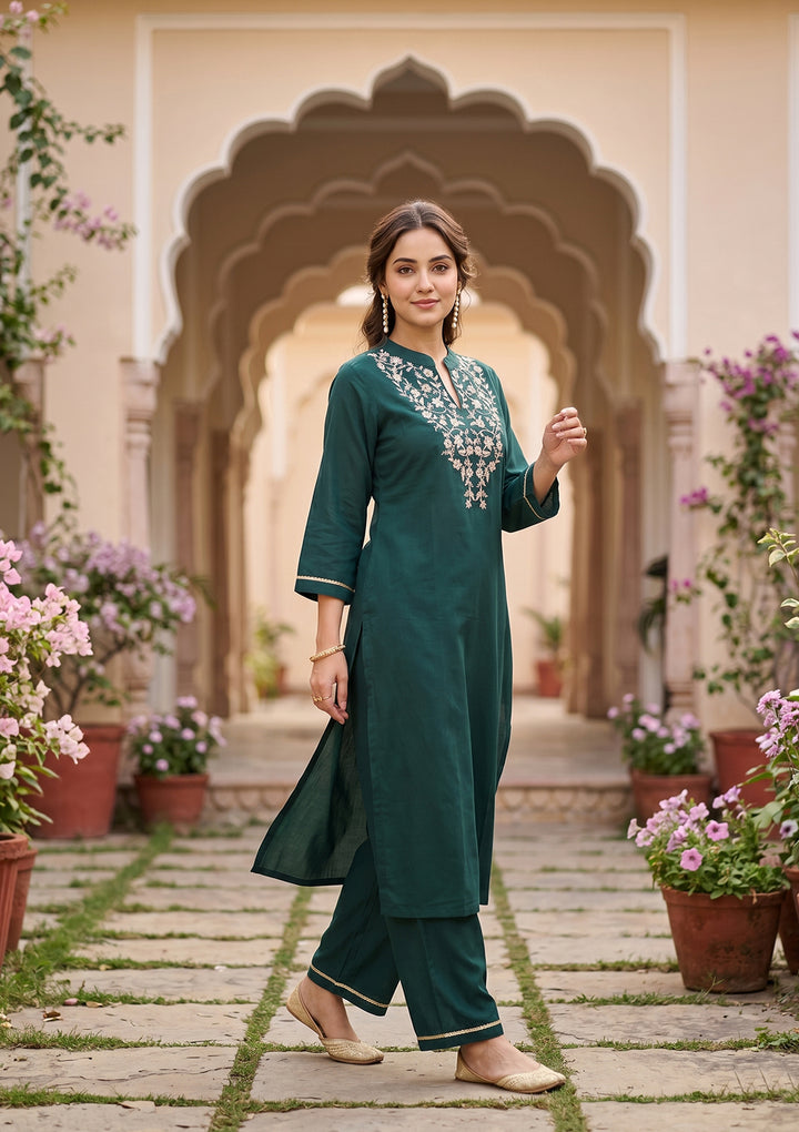 Bottle Green Art Silk Cording Straight Kurta With Regular Pant And Dupatta