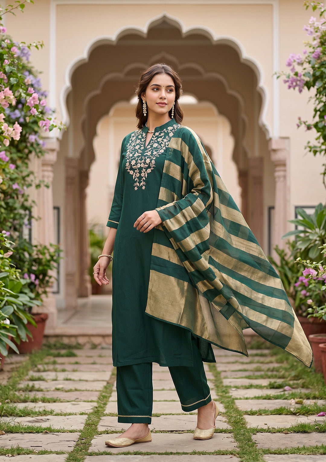 Bottle Green Art Silk Cording Straight Kurta With Regular Pant And Dupatta
