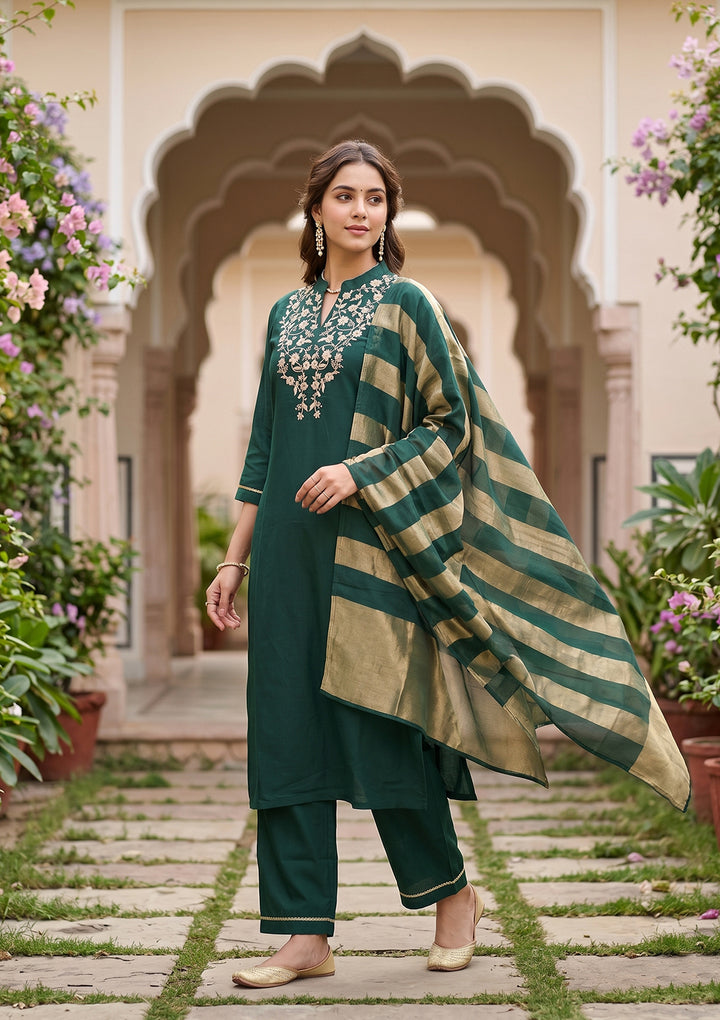 Bottle Green Art Silk Cording Straight Kurta With Regular Pant And Dupatta