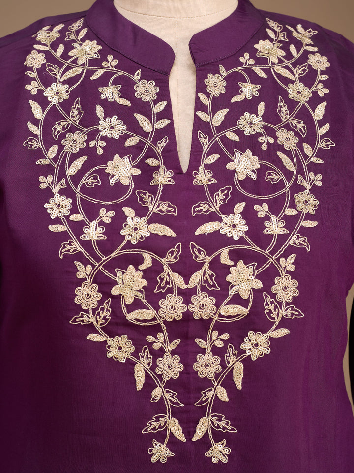 Purple Art Silk Cording Straight Kurta With Pant Regular And Dupatta