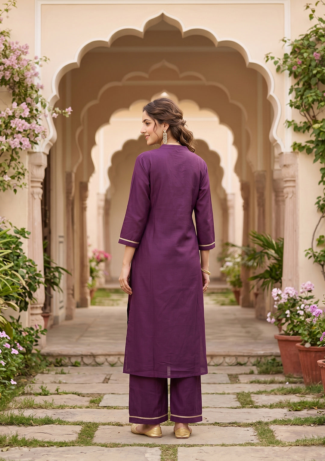 Purple Art Silk Cording Straight Kurta With Pant Regular And Dupatta