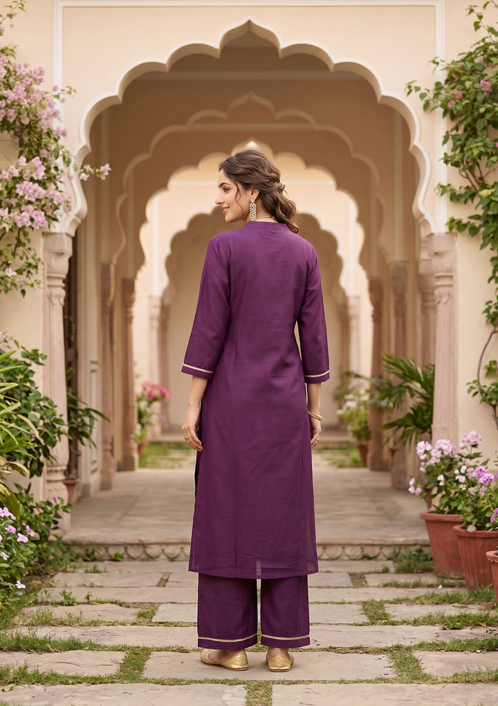 Purple Art Silk Cording Straight Kurta With Pant Regular And Dupatta