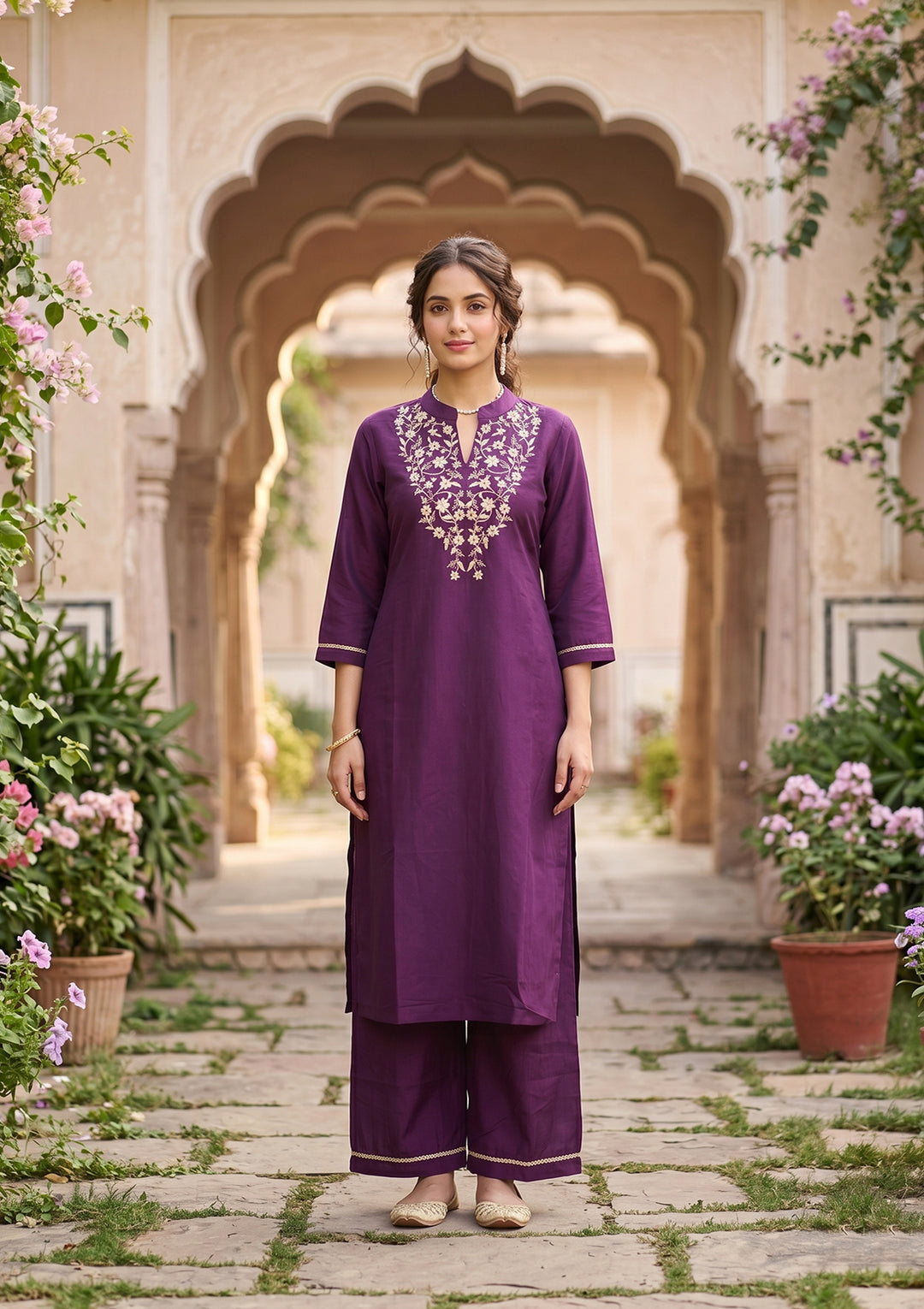 Purple Art Silk Cording Straight Kurta With Pant Regular And Dupatta