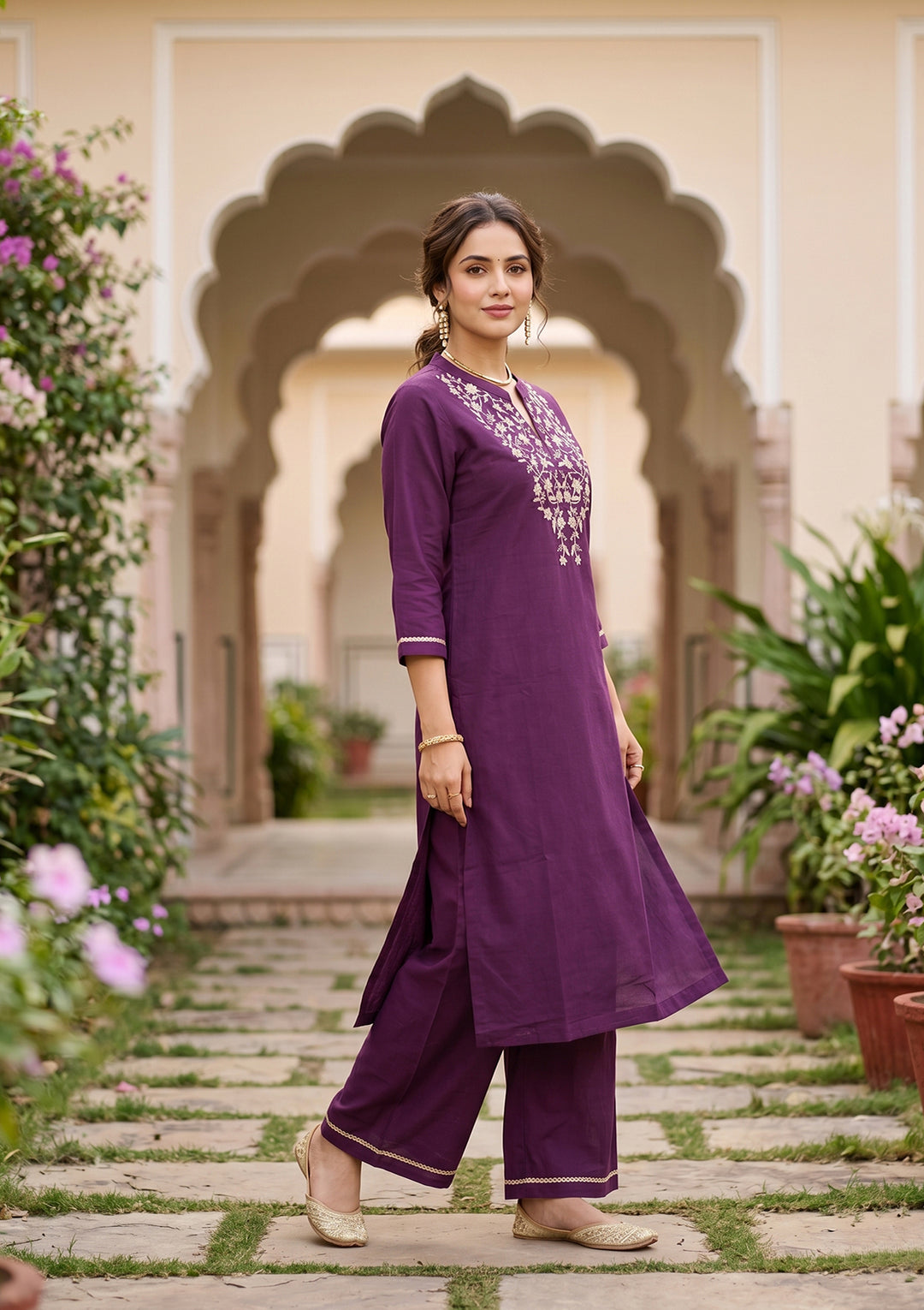 Purple Art Silk Cording Straight Kurta With Pant Regular And Dupatta