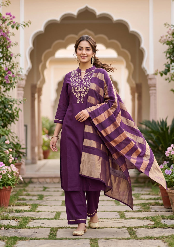 Purple Art Silk Cording Straight Kurta With Pant Regular And Dupatta