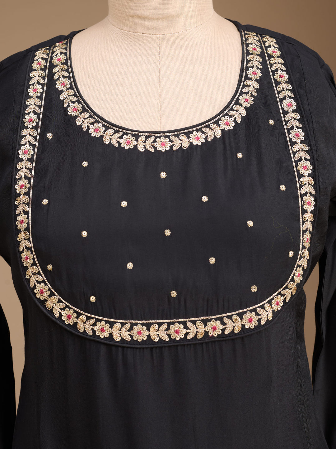Black Art Silk Cording A Line Kurta With Pant Regular And Dupatta