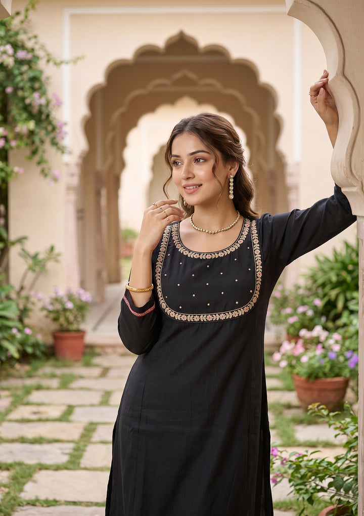 Black Art Silk Cording A Line Kurta With Pant Regular And Dupatta