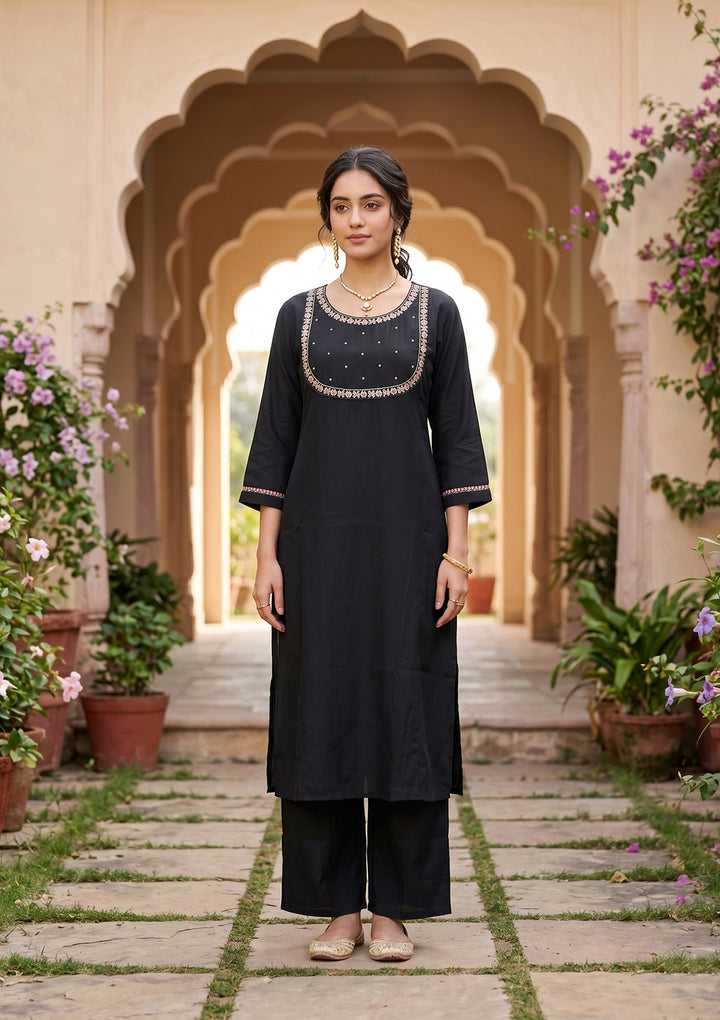 Black Art Silk Cording A Line Kurta With Pant Regular And Dupatta