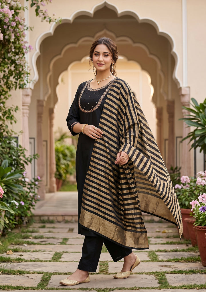 Black Art Silk Cording A Line Kurta With Pant Regular And Dupatta