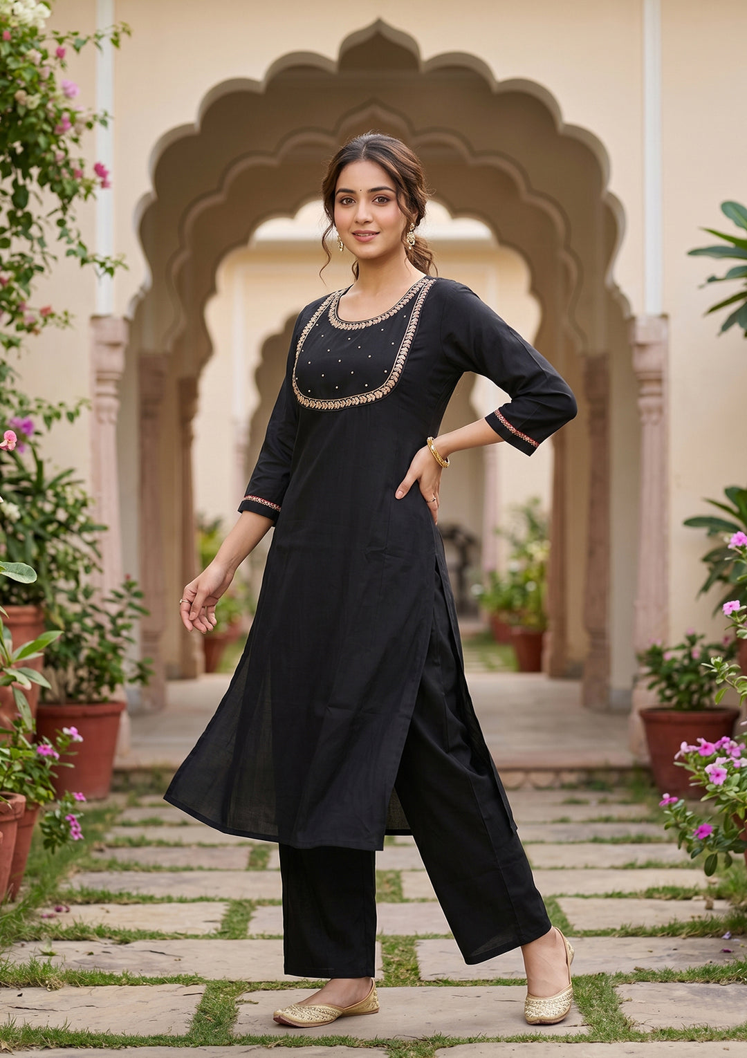 Black Art Silk Cording A Line Kurta With Pant Regular And Dupatta