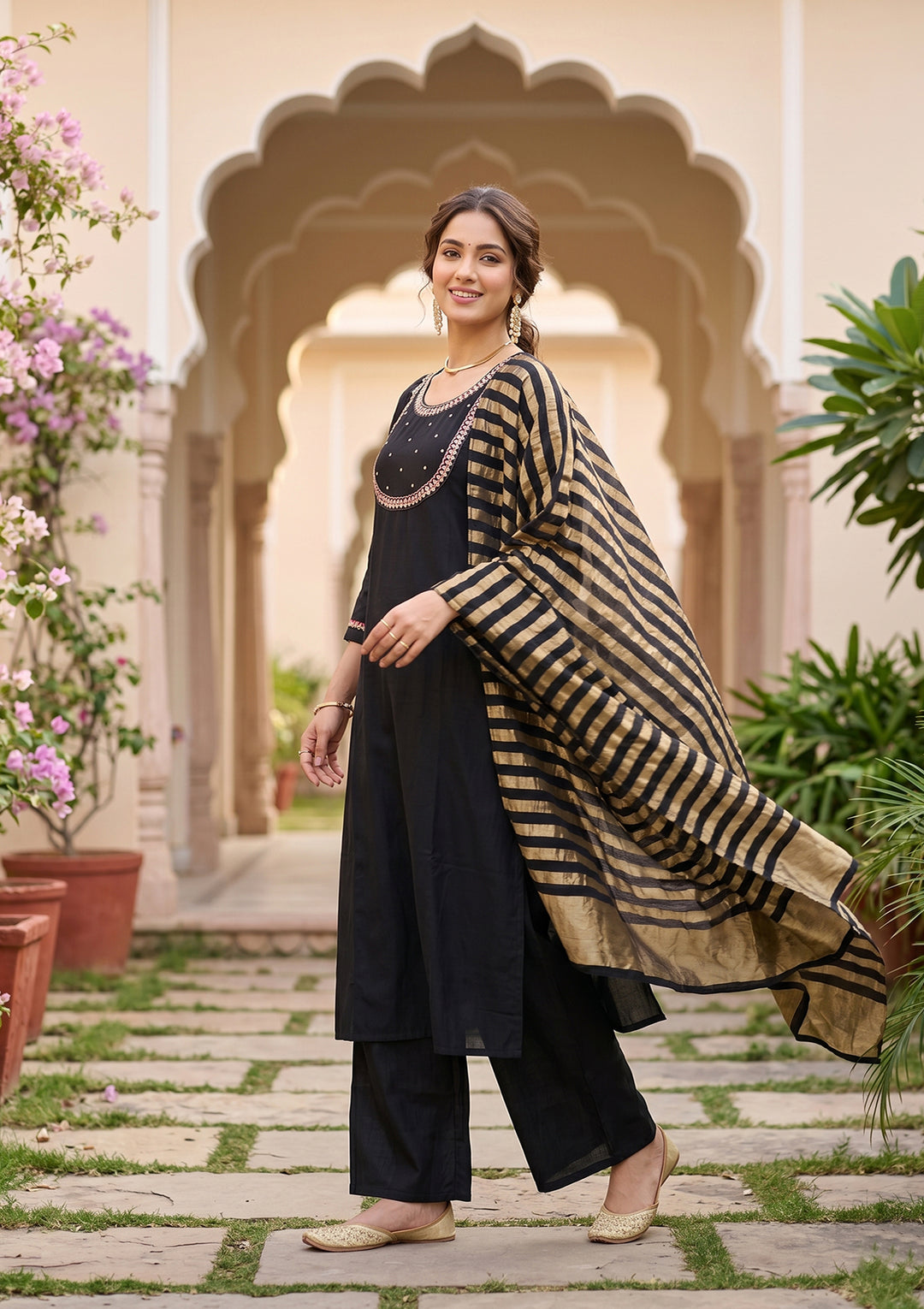 Black Art Silk Cording A Line Kurta With Pant Regular And Dupatta