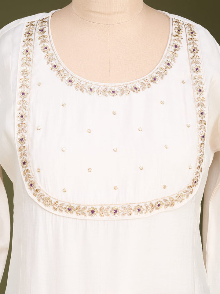 Off White Art Silk Cording A Line Kurta With Pant Regular And Dupatta