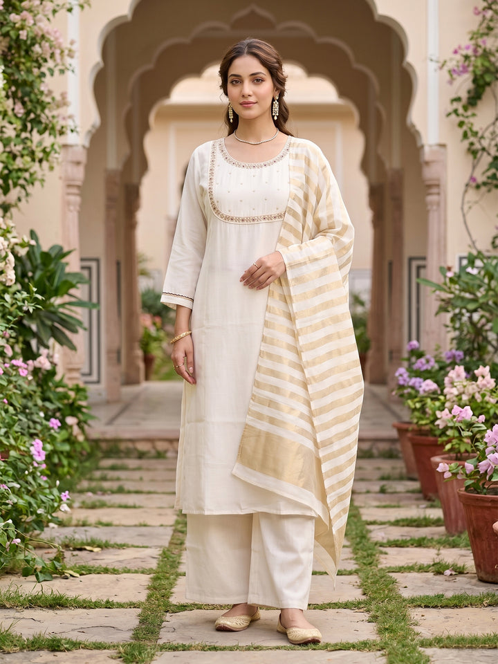 Off White Art Silk Cording A Line Kurta With Pant Regular And Dupatta
