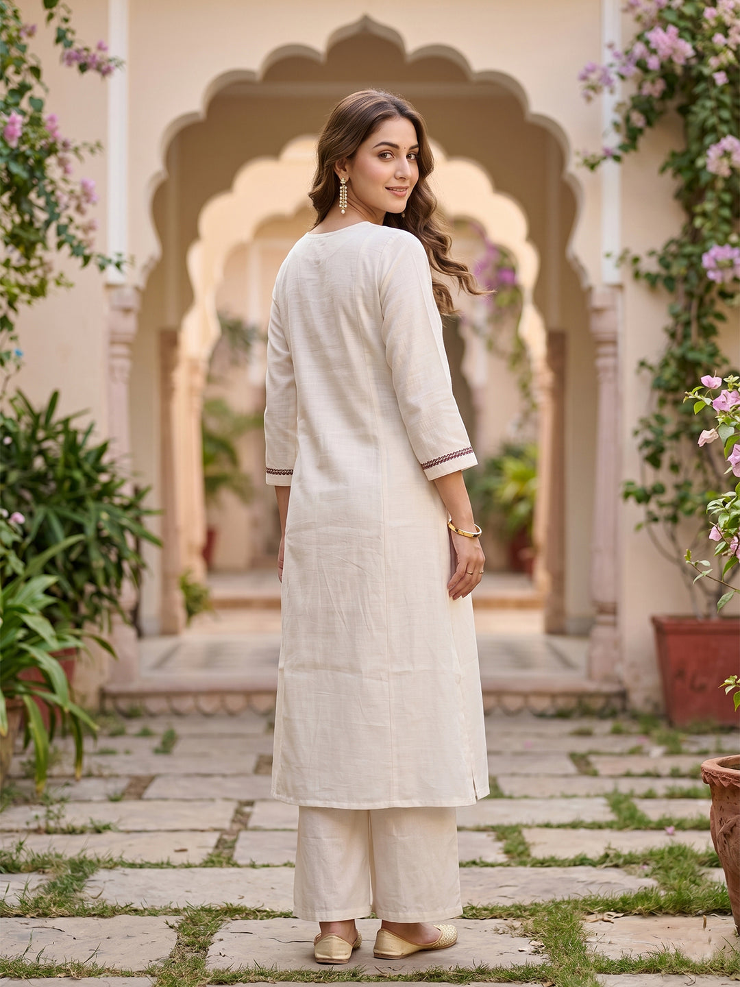 Off White Art Silk Cording A Line Kurta With Pant Regular And Dupatta