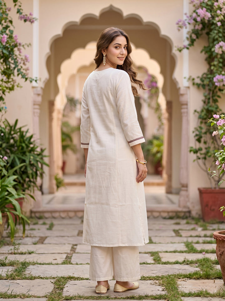 Off White Art Silk Cording A Line Kurta With Pant Regular And Dupatta
