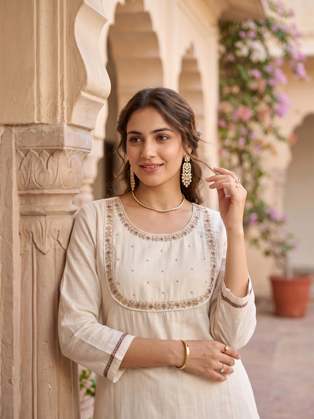 Off White Art Silk Cording A Line Kurta With Pant Regular And Dupatta