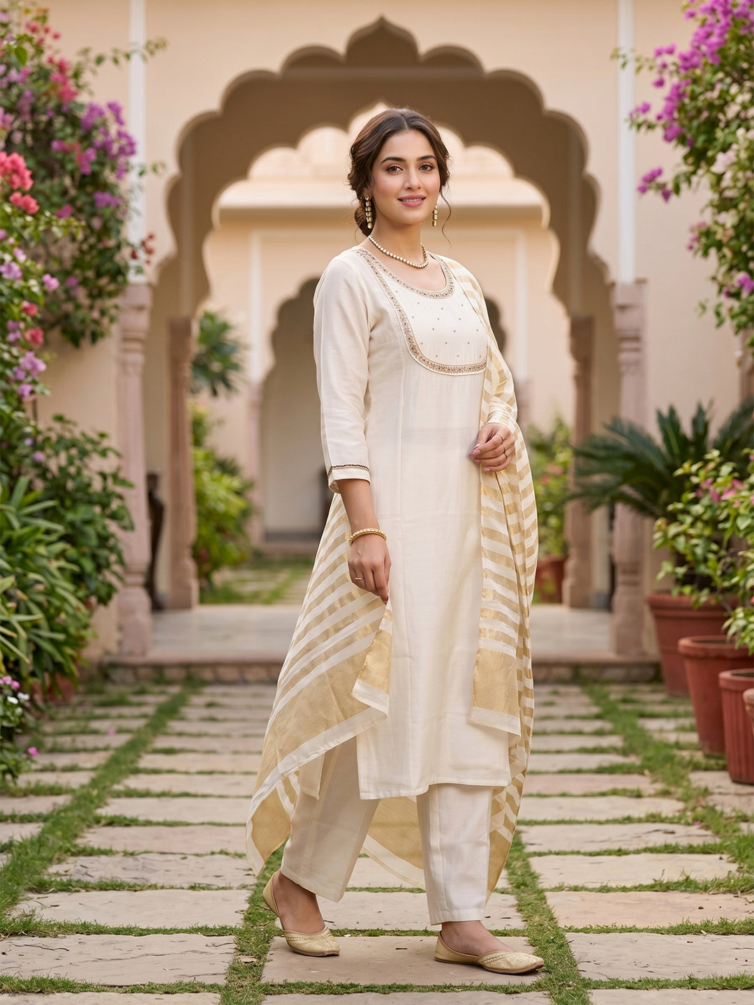Off White Art Silk Cording A Line Kurta With Pant Regular And Dupatta