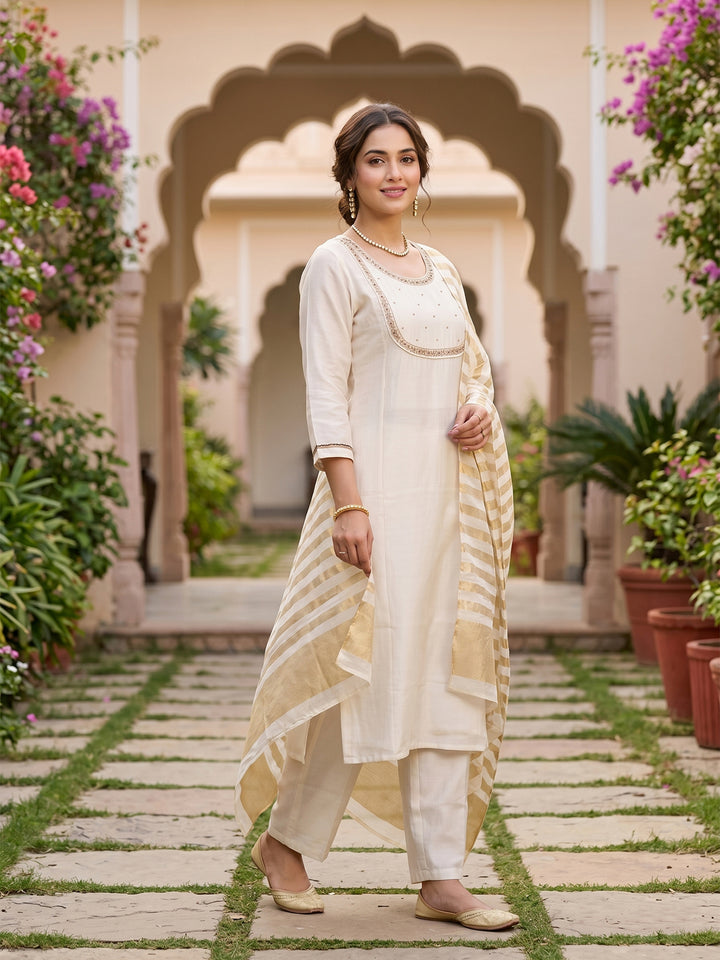 Off White Art Silk Cording A Line Kurta With Pant Regular And Dupatta