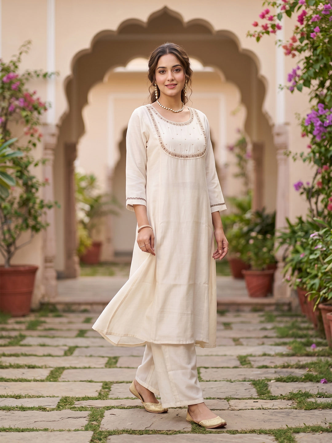 Off White Art Silk Cording A Line Kurta With Pant Regular And Dupatta