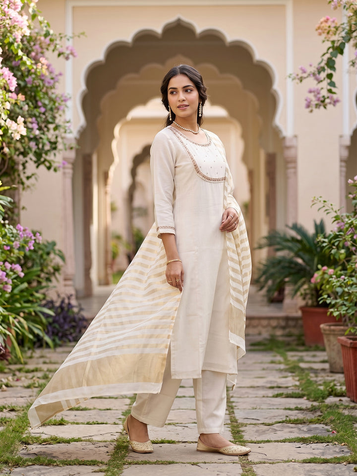 Off White Art Silk Cording A Line Kurta With Pant Regular And Dupatta
