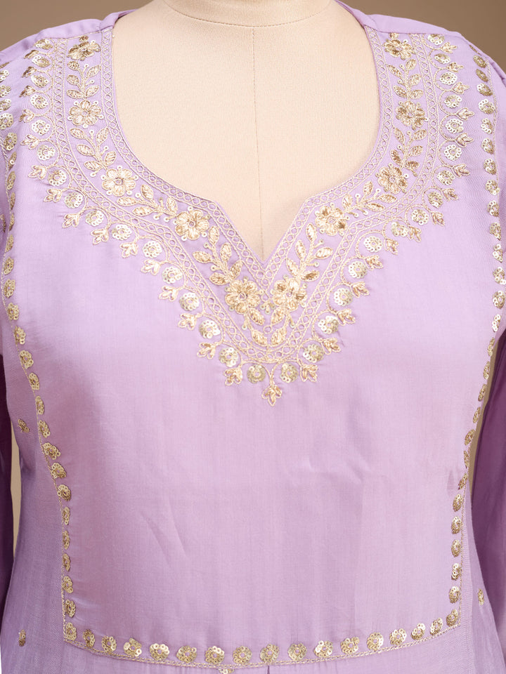 Lavender Art Silk Cording A Line Kurta With Regular Pant And Dupatta