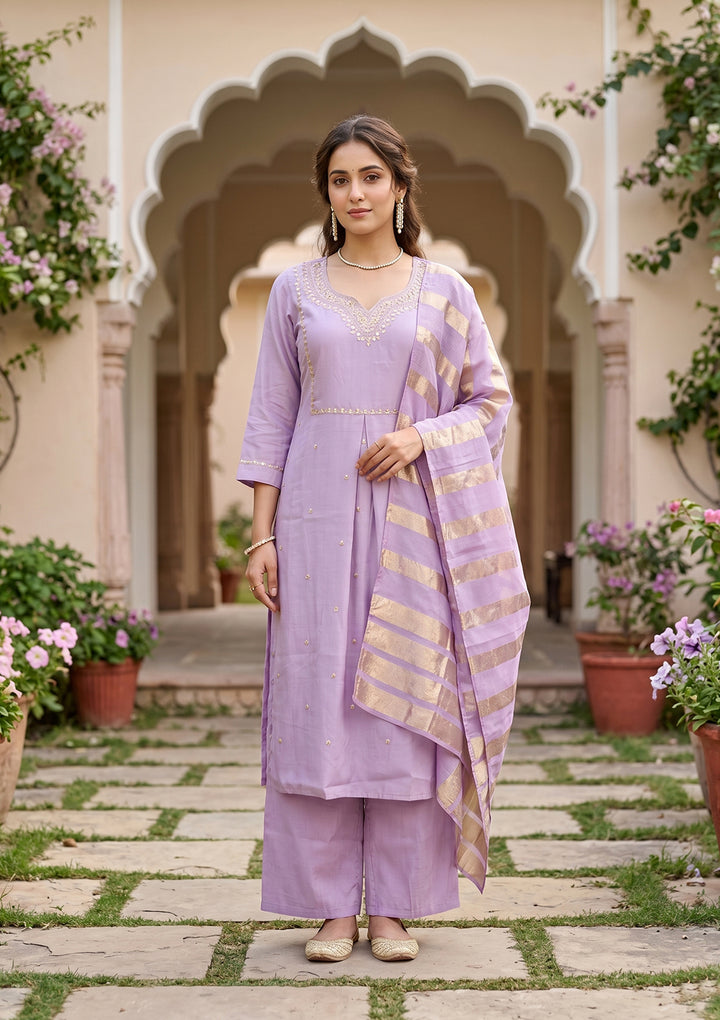 Lavender Art Silk Cording A Line Kurta With Regular Pant And Dupatta